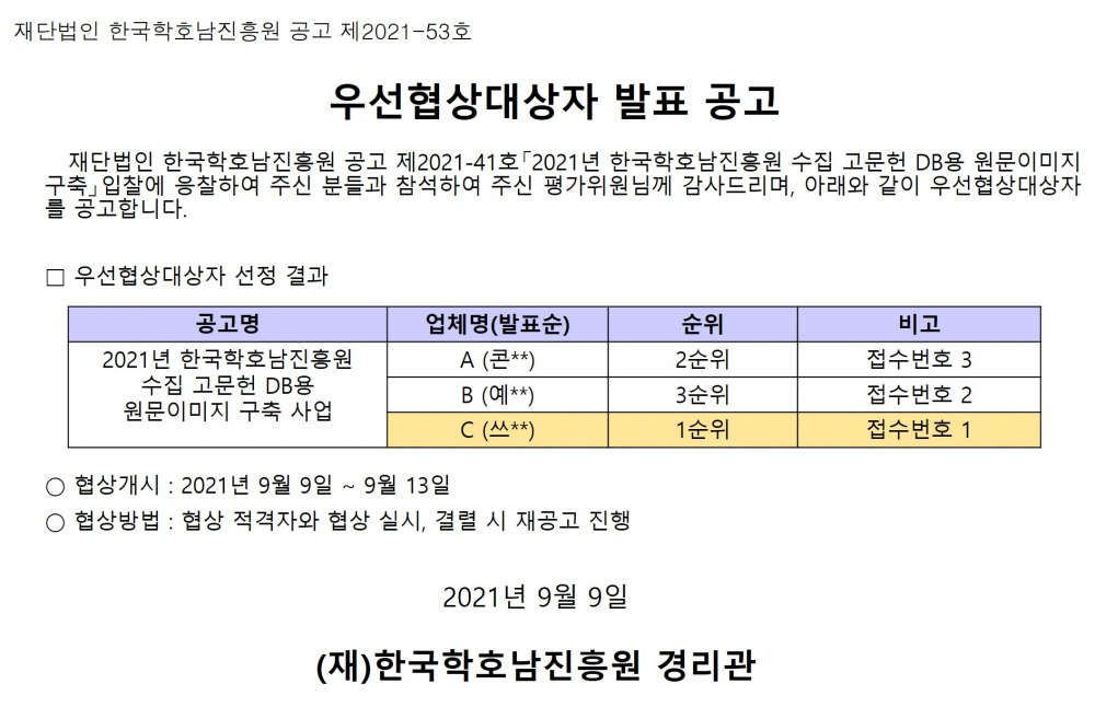 우선협상대상자 발표 공고(2021년 한국학호남진흥원 수집 고문헌 DB용 원문이미지 구축) 첨부이미지 : 우선협상대상자 발표 공고.jpg