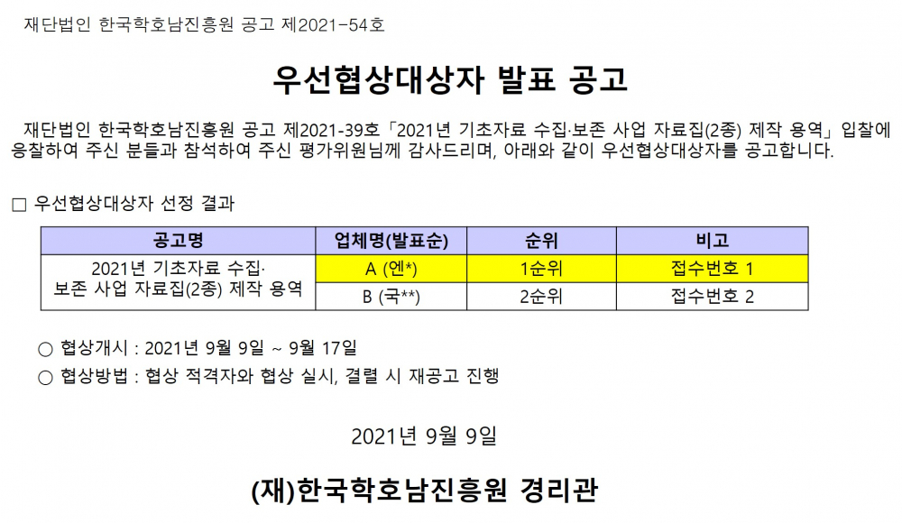 우선협상대상자 발표 공고(기초자료 수집·보존 사업 자료집(2종) 제작 용역) 첨부이미지 : 우선협상대상자 발표 공고(기초자료 수집·보존 사업 자료집(2종) 제작 용역)(9월 9일).jpg