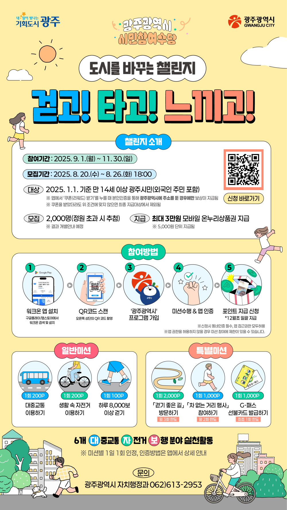 (광주광역시) 2025 시민참여수당 시범사업 '도시를 바꾸는 챌린지, 걷고! 타고! 느끼고!' 홍보 첨부이미지 : 웹포스터(QR코드 포함).jpg